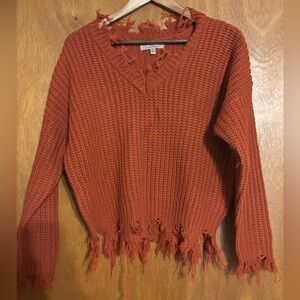 Love Tree Rust Orange Distressed V-Neck Sweater